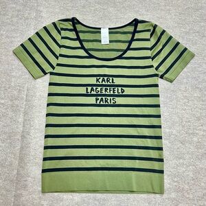 Sporty Athleisure Edgy Karl Lagerfeld Paris Olive Stripe Top EUC Sz M Activewear